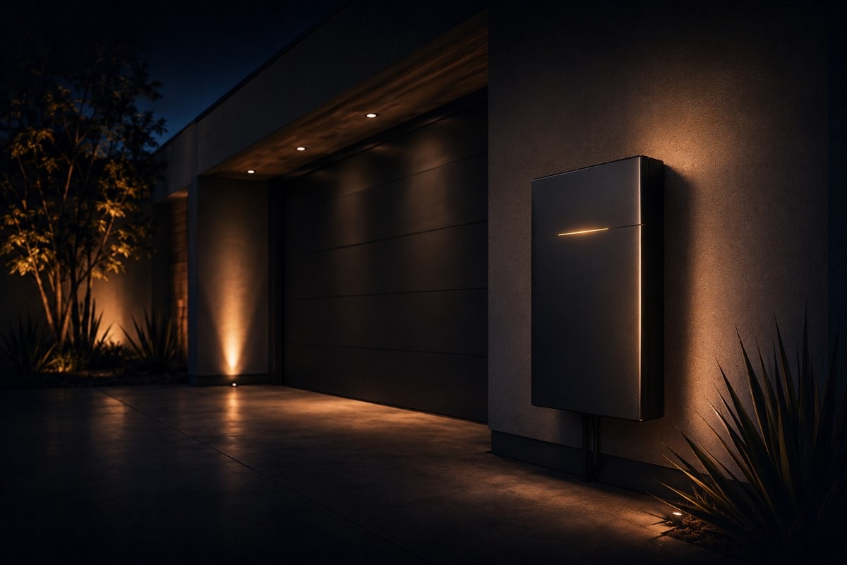 Home solar battery mounted by the garage after sunset