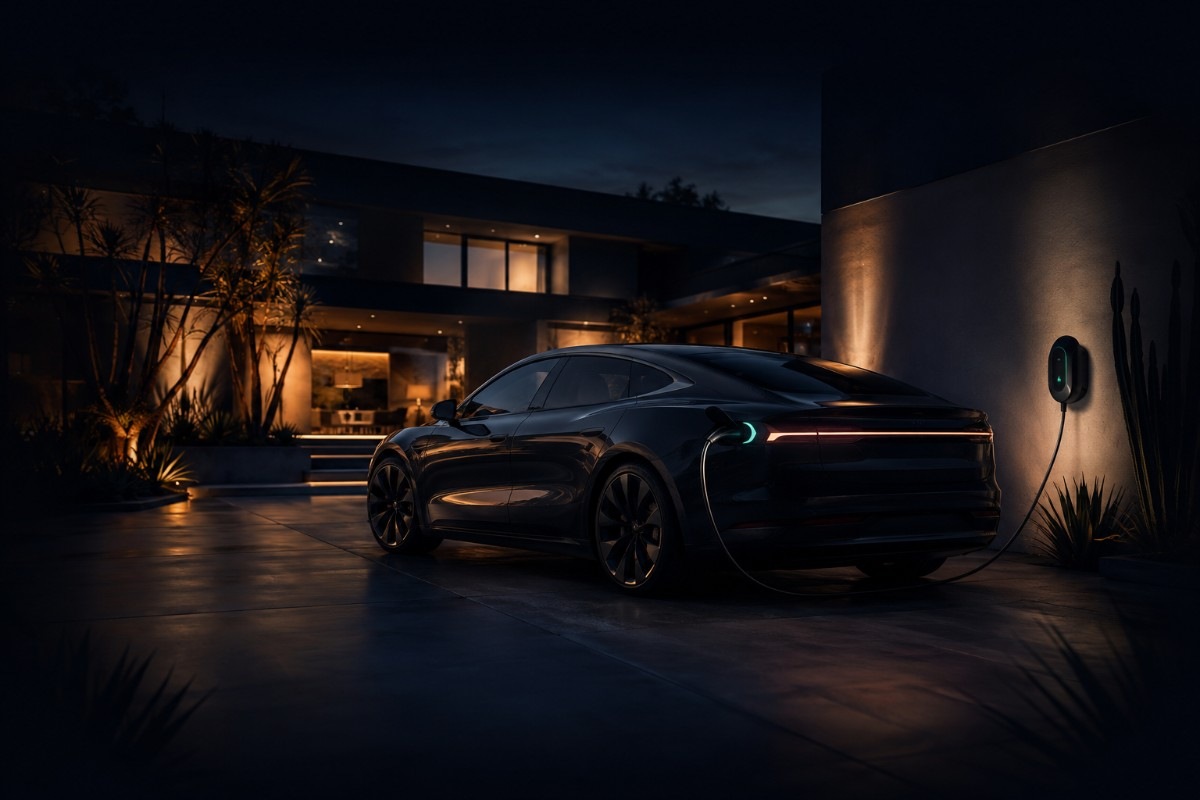 Electric vehicle charging at a modern Fresno home at dusk