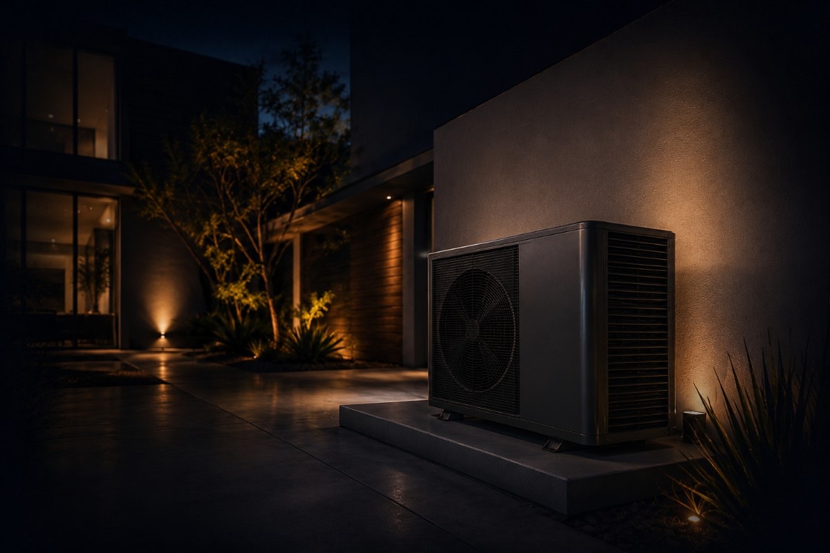 High-efficiency heat pump beside a Central Valley home at night