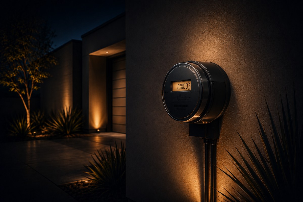 Home electricity meter glowing warm at dusk
