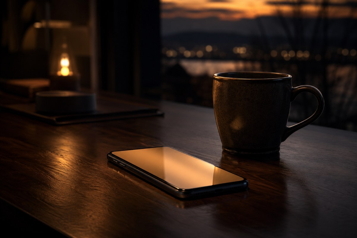 Smartphone glowing warm on a table at dusk