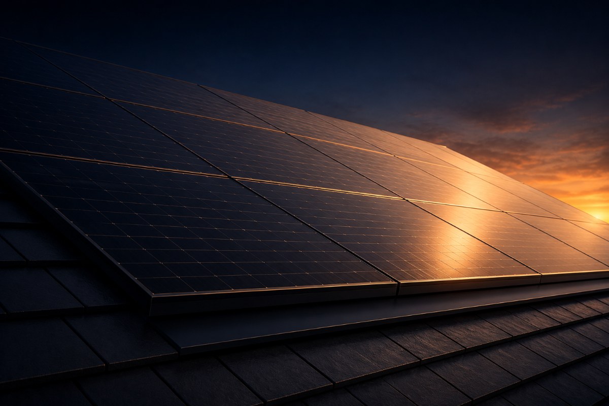 Solar panels on a modern roof at golden hour