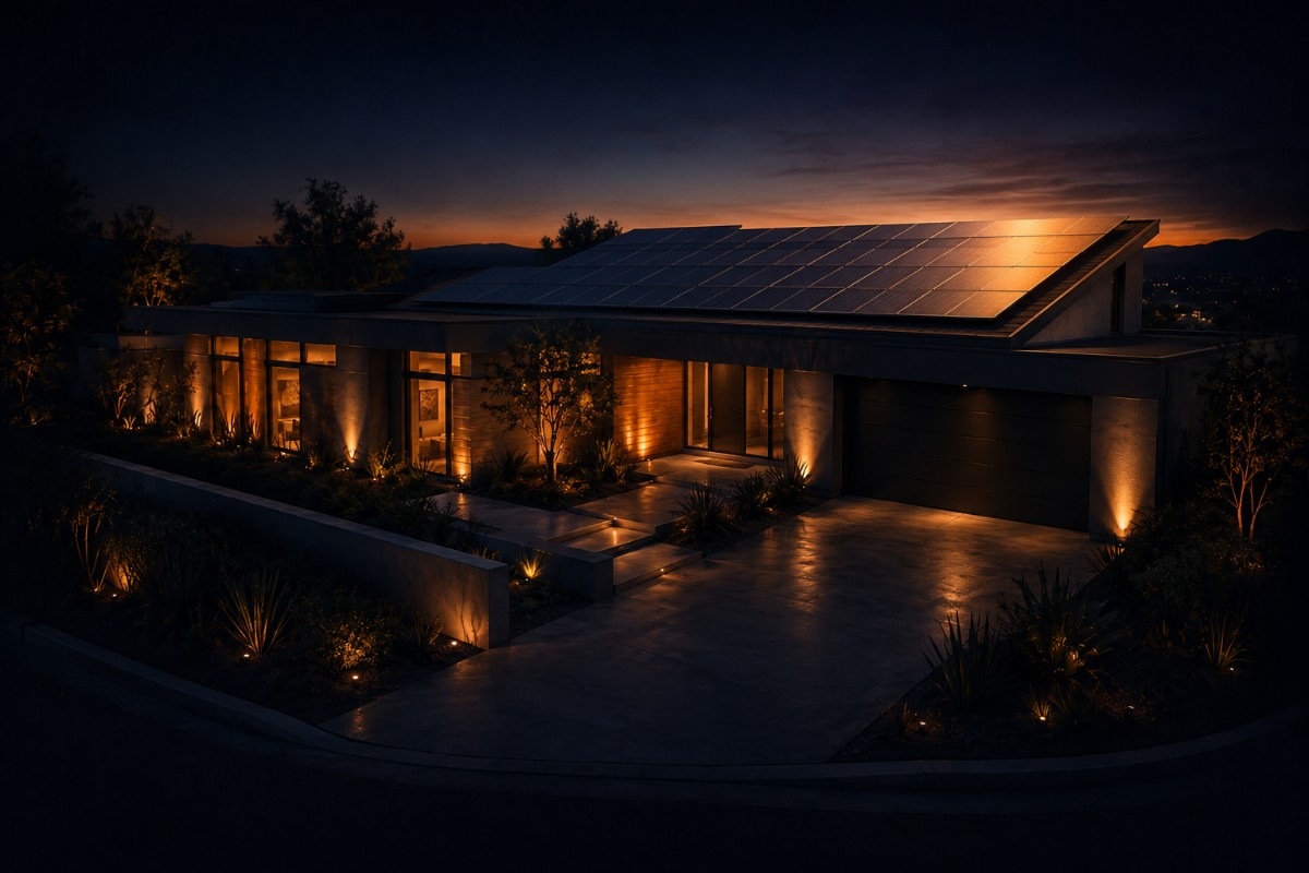 Fresno home with rooftop solar panels glowing at sunset